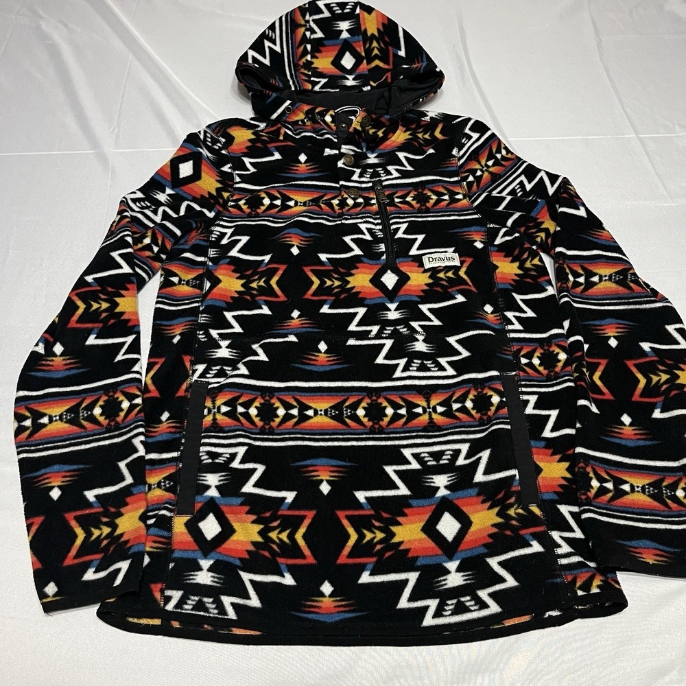 Vtg Dravus 1/4 Snap Jacket Mens M Aztec Southwestern Fleece Pullover Hooded